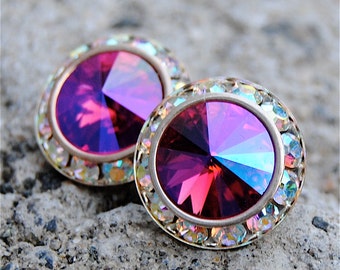 Hot Pink Mist Aurora Borealis Earrings Sugar Sparklers Swarovski Hot Pink Mist Northern Lights Rhinestone Stud Earrings Mashugana