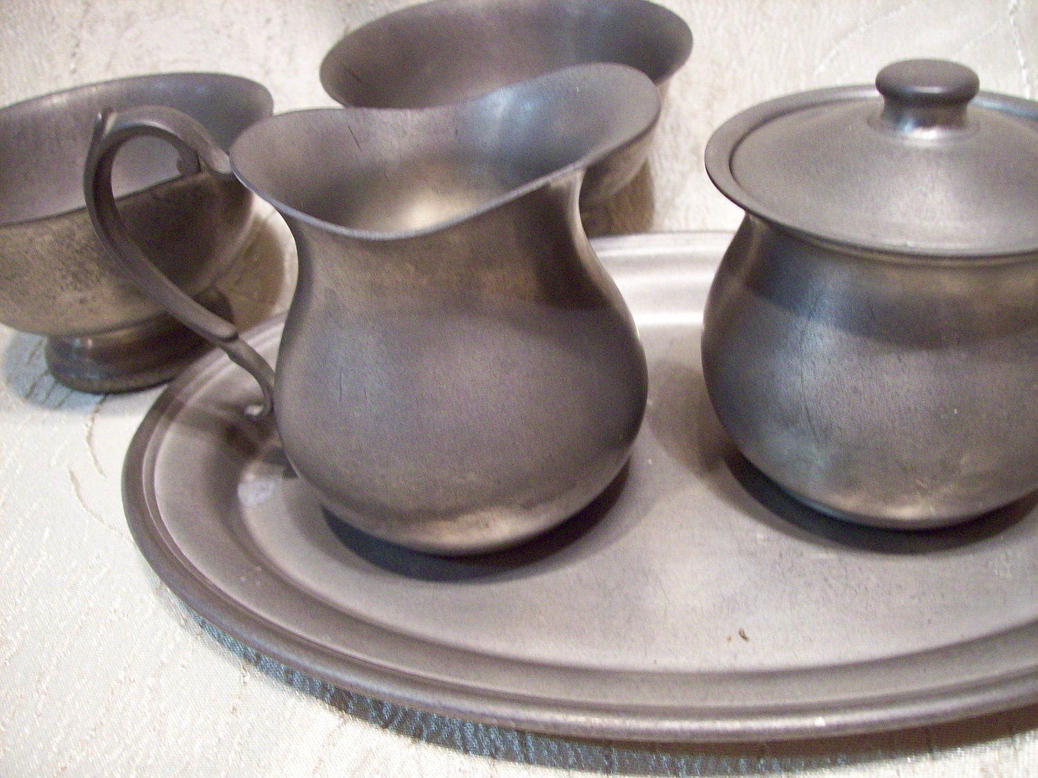 Vintage PEWTER sugar and creamer with serving plate and two bowls 5 pc
