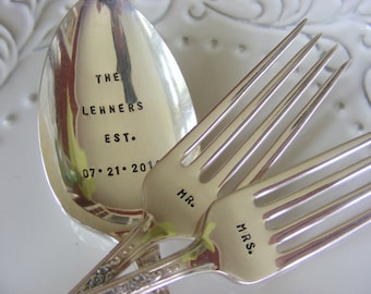 Hand Stamped Wedding Silverware Mr and Mrs Stamped Dinner Forks With Wedding Date Spoon