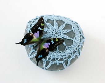crochet stone, crochet rock, powder blue lace, dark turquoise river rock housewarming gift shabby chic