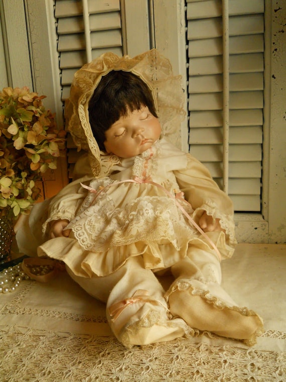 Vintage Porcelain Sleeping Baby Doll With Cloth Body Dressed