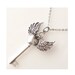 silver key necklace, long necklace, angel wing jewelry, winged heart jewelry, skeleton key necklace, antique silver steampunk jewelry