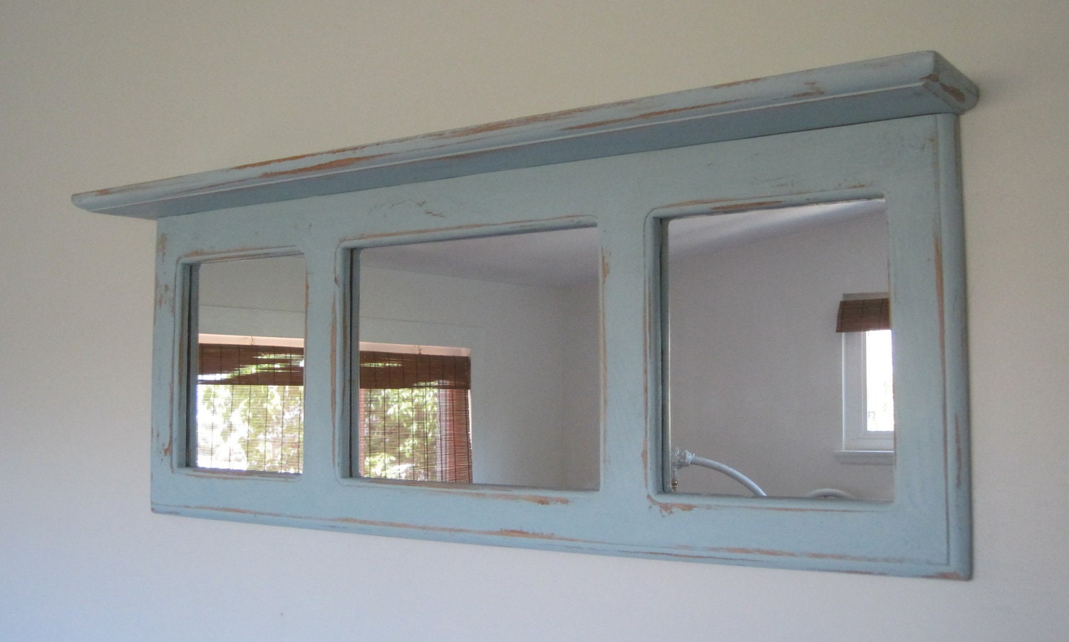 Rustic Oak Over Mantel Mirror with Shelf in Sky Blue