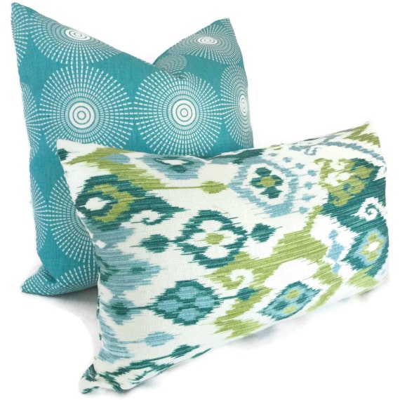 SALE Aqua and Green Ikat Decorative Pillow Cover Lumbar