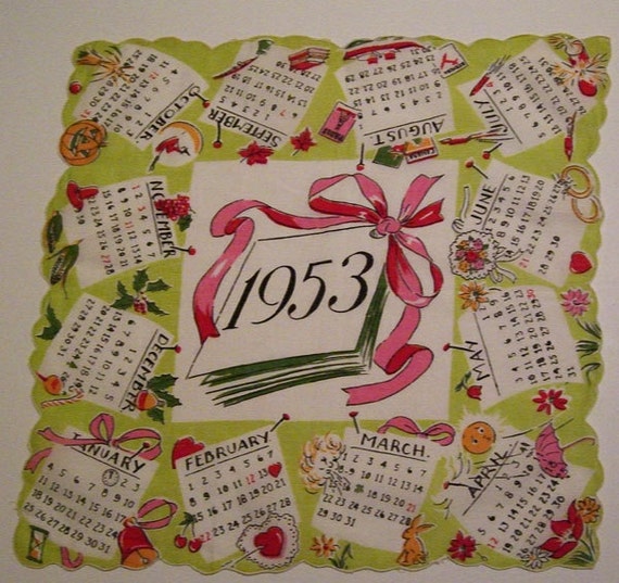 Vintage Green 1953 Calendar Hankie by murdups on Etsy