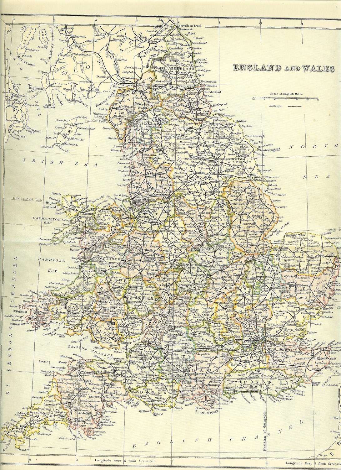 1880s Antique Map Of England And Wales. Ideal For Framing.