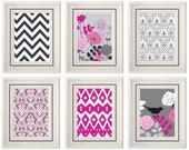 Set of Six Modern/Vintage Pink/Gray Wall Art - Print Set - Home Decor- Gift (Unframed)