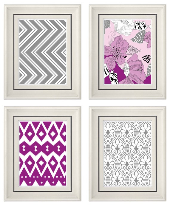 Items similar to Set of Four Modern Vintage Purple/Gray Wall Art