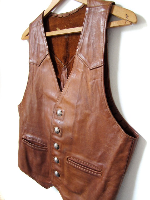 60s Handmade Leather Vest Indian Head Nickel Buttons Mens