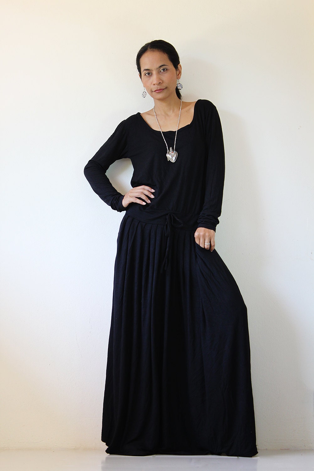 PLUS SIZE Black Maxi Dress Long Sleeve dress : Autumn