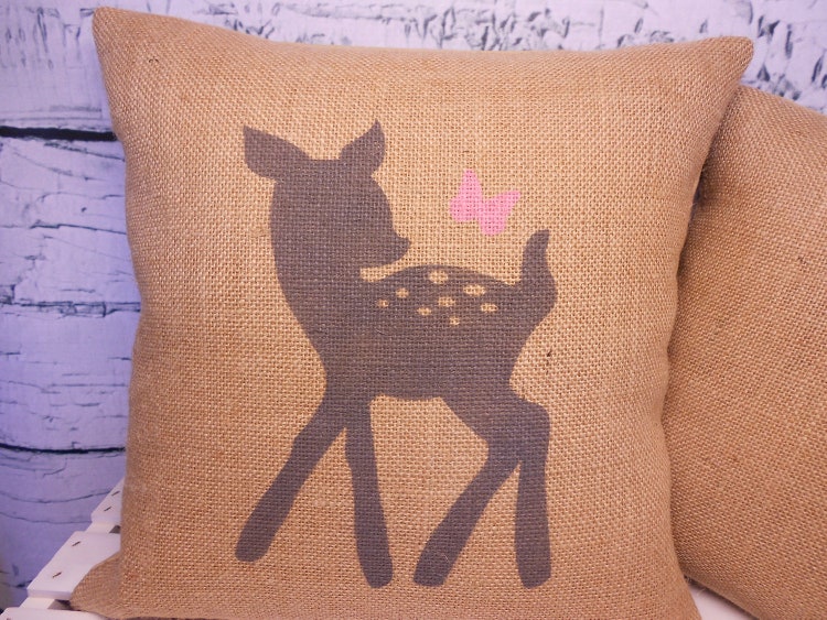 Child's deer & butterfly monogram burlap pillows by LaRaeBoutique
