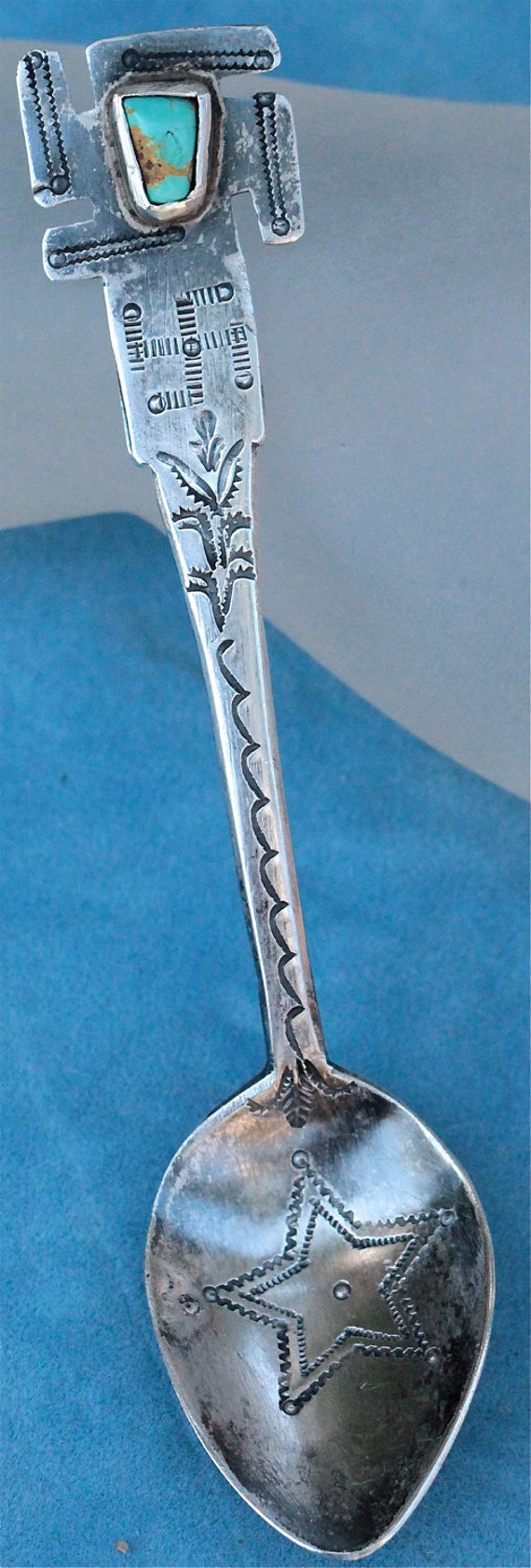 Antique Navajo Sterling and Turquoise Swastika Hand Made Spoon