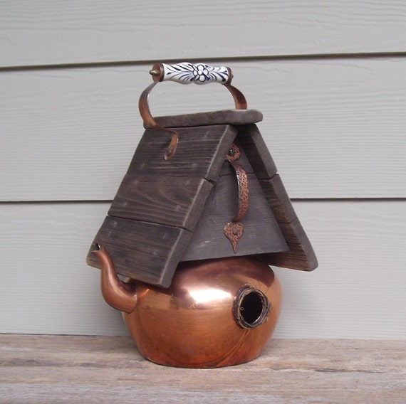 Vintage Copper Tea Kettle Birdhouse Whimsical Birdhouse