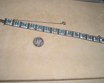 Vintage Art Deco Rhinestone Bracelet 1920's Blue Square Cut Glass Stones Jewelry 2125