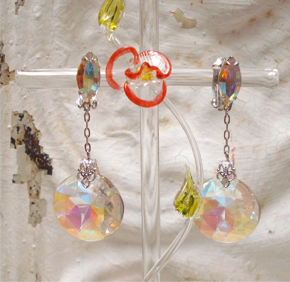 Stunning Lewis Segal Clip Dangle Aurora Borealis Crystal Earrings