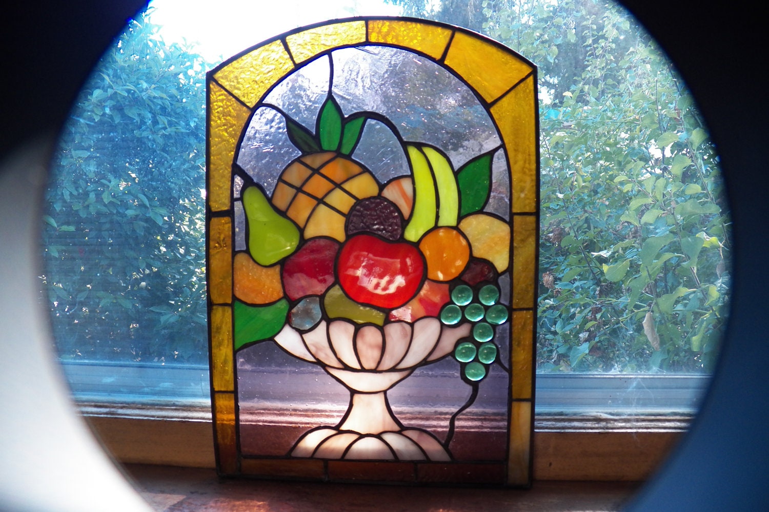 13.5 X 9.5 Antique Stained Glass Framed Fruit Bowl