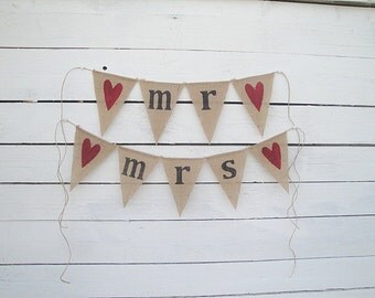 Mr and Mrs Burlap Banners with Red Glittered Hearts