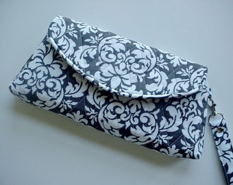 Quilted style Wristlet Clutch in Michael Millers Dandy Damask Charcoal