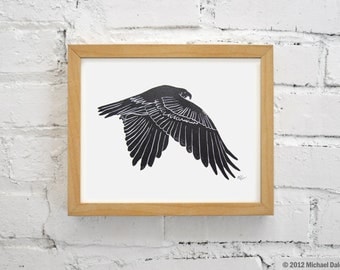 Hawk Linocut Print - Falconry Bird Red Tailed Hawk