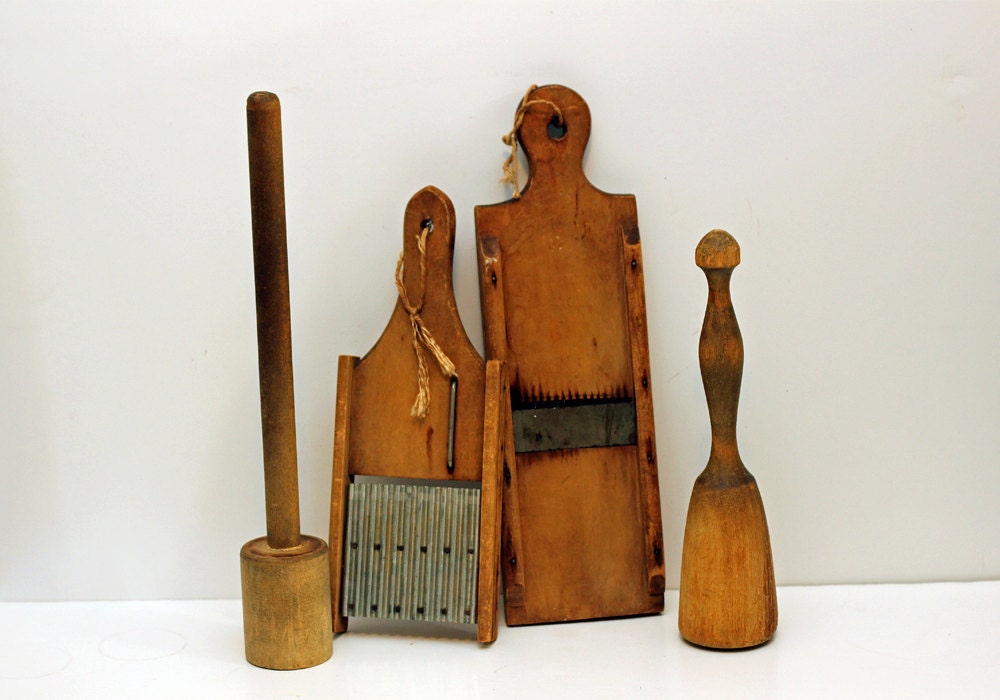 Primitive Kitchen Utensils / Wooden Slicers and Mashers