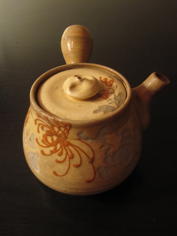 Antique Japanese Yokode Kyusu Stoneware Teapot Hand Carved