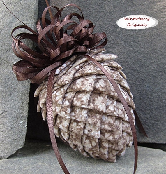 Fabric Pinecone Ornament Brown and Cream Flowers