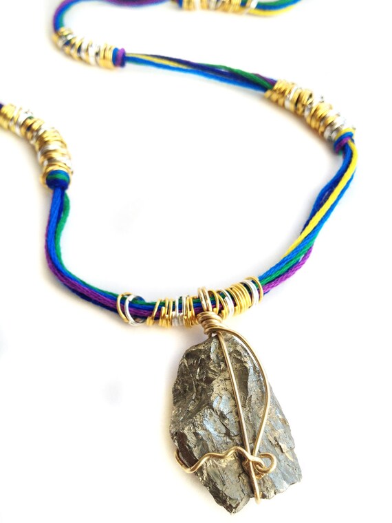 Bohemian Blue Pyrite Necklace, gold silver raw nugget wire wrap rainbow