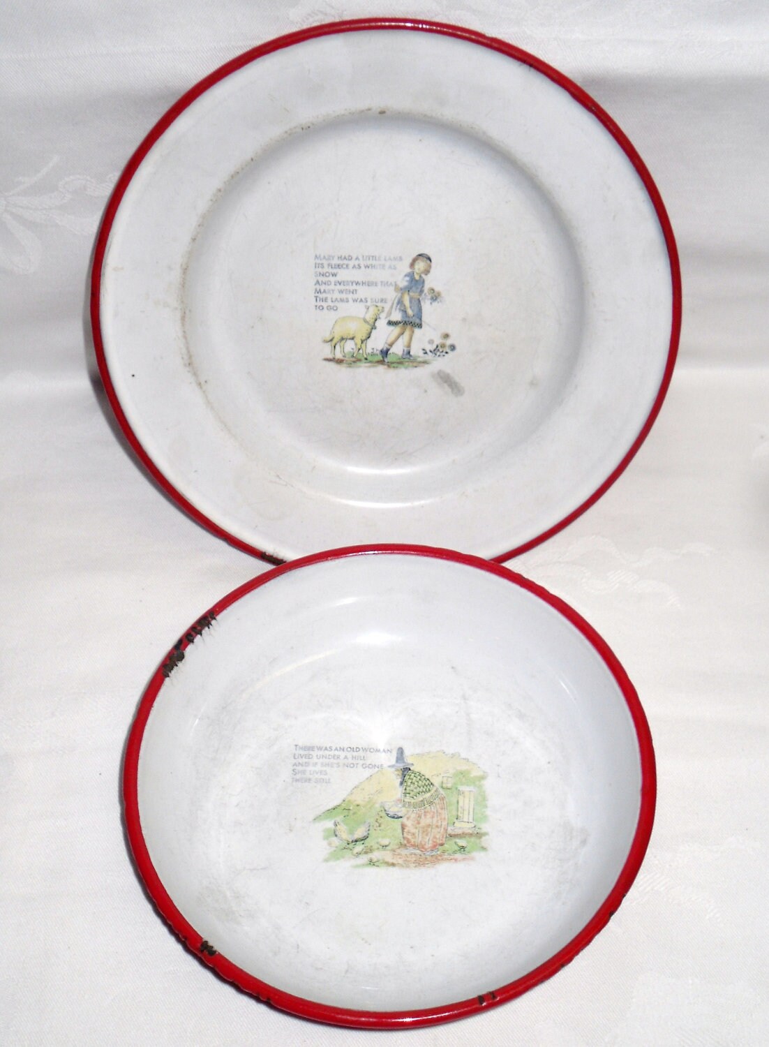 1930's Antique Nursery Rhyme Enamelware Plate & Bowl