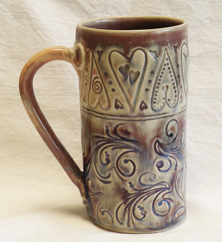 ceramic floral & hearts coffee mug 20oz stoneware 20B022