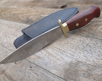 Custom Handmade In The USA, Large Hunting, Skinning, Camp Knife 5160 Steel and Blood Wood Handle With Heavy Leather Sheath