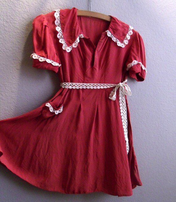 Vintage 1940s Girls Dress Deep Red Crepe by SweetRepeatVintage