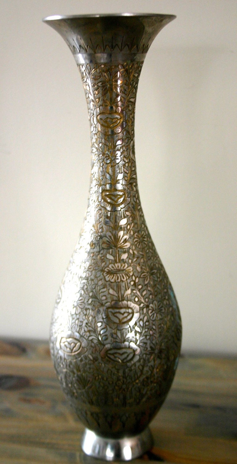 Vintage Indian HandEtched Silver Vase