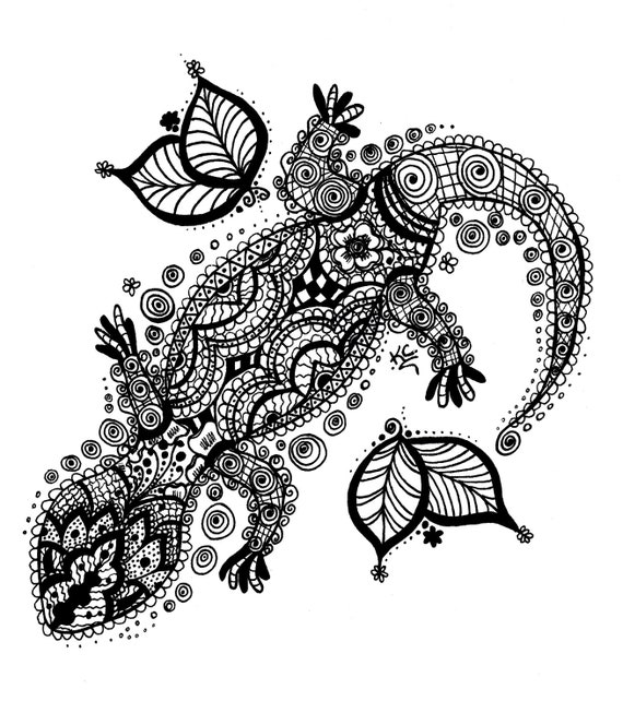 Download Items similar to Henna-style gecko, black and white, matte ...
