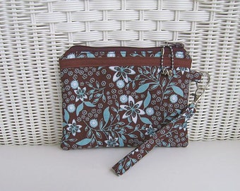 Wristlet / Padded Pouch / Handmade Wristlet / Brown & Turquoise