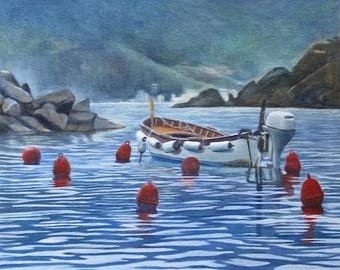 Monica's Wooden Boat (Cinque Terre) - Paper Print - Boat in Repose in Cove, Red Buoys; Olive Trees Silhouetted high across the Water