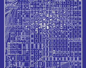 1949 Vintage Map of Downtown Kansas City Blueprint Map Print Poster