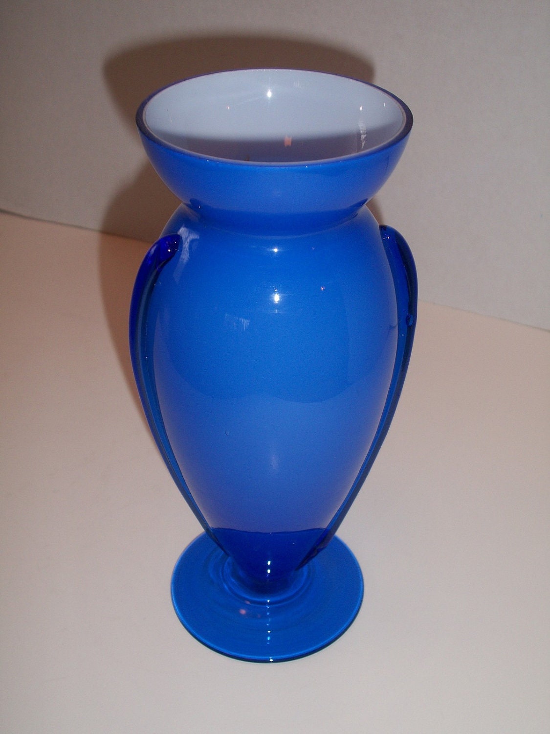 Blue Glass Vase White Inside Danish Modern Retro Vintage