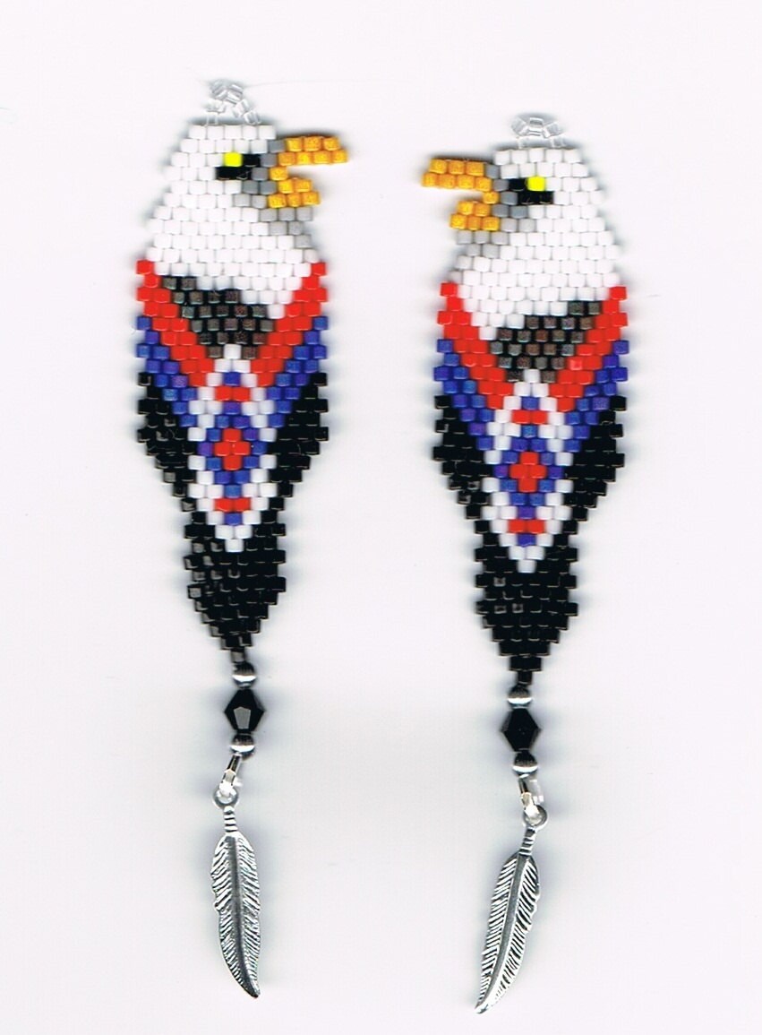 Beautiful Hand Beaded Bald Eagle in Feather dangling earrings