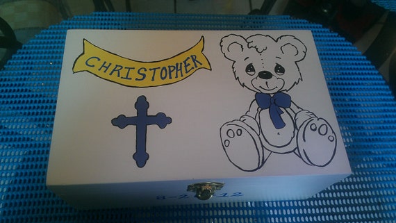 baby boy girl keepsake box kids children baptism cross christening birthday teddy bear elmo wood memory treasure