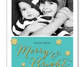 Photo Holiday Card Modern Aqua Gold Snowflakes Christmas Card Greeting Card Baby Family Holiday DIY Digital or Printed - Rollings style Il_170x135
