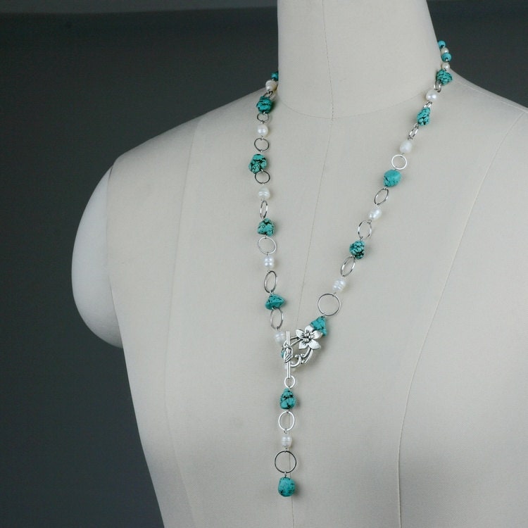 turquoise pearl beaded lariat necklace Bridesmaids gifts Free