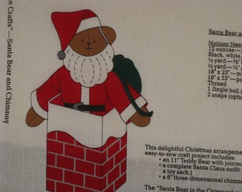 Christmas Fabric Santa Bear and Chimney Craft Panel Cotton 1 Yard Vintage 1970's Screen Print Fabric