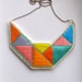 Geometric statement necklace embroidered bib in mint bright yellow pink blue lavender and orange embroidered triangles dramatic design