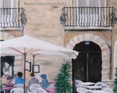Outdoor cafe scene painting in Italy - European, Siracusa Cafe, patrons enjoying a meal, textured acrylic painting on canvas Outdoor cafe scene painting in Italy - European, Siracusa Cafe, patrons enjoying a meal, textured acrylic painting on canvas
