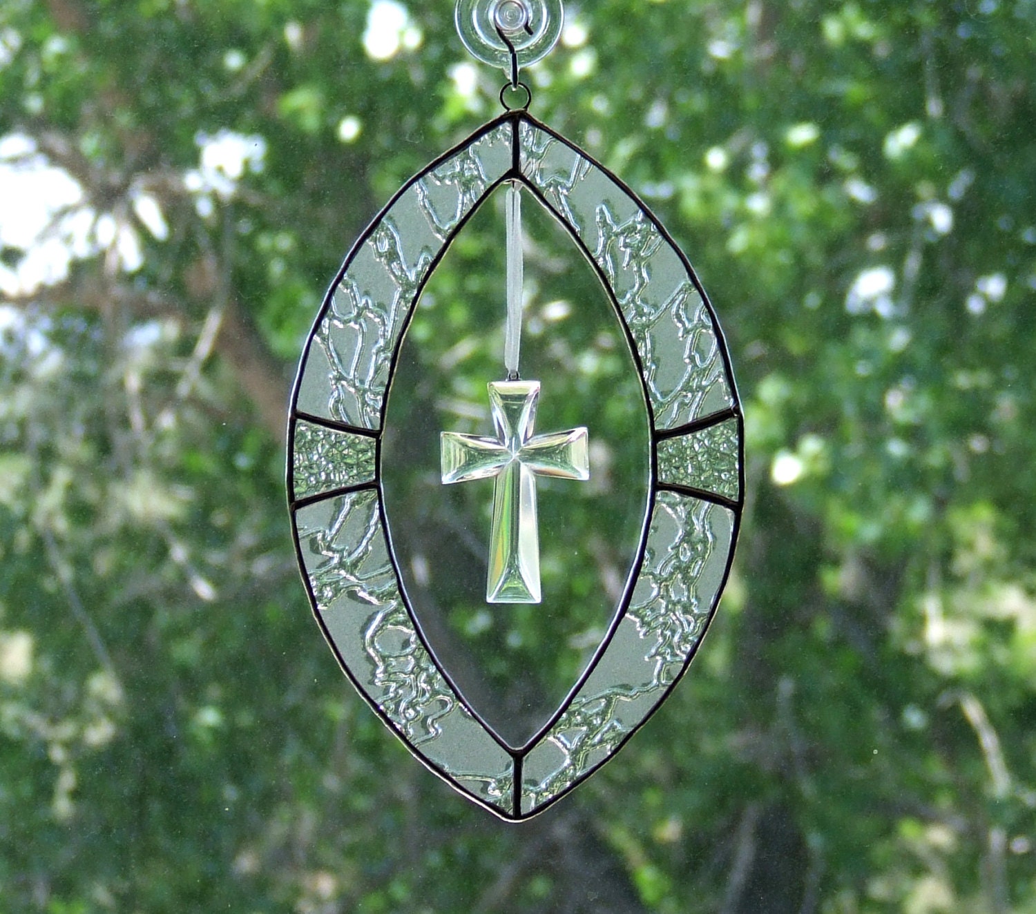 Clear Textured Stained Glass Cross Suncatcher Window Hanging