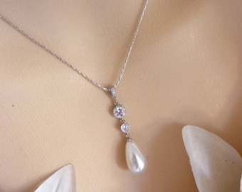 Bridal Necklace - White Oblong Teardrop Pearl with Multi Round Cubic Zirconia Drops Necklace in White Gold Plated Chain