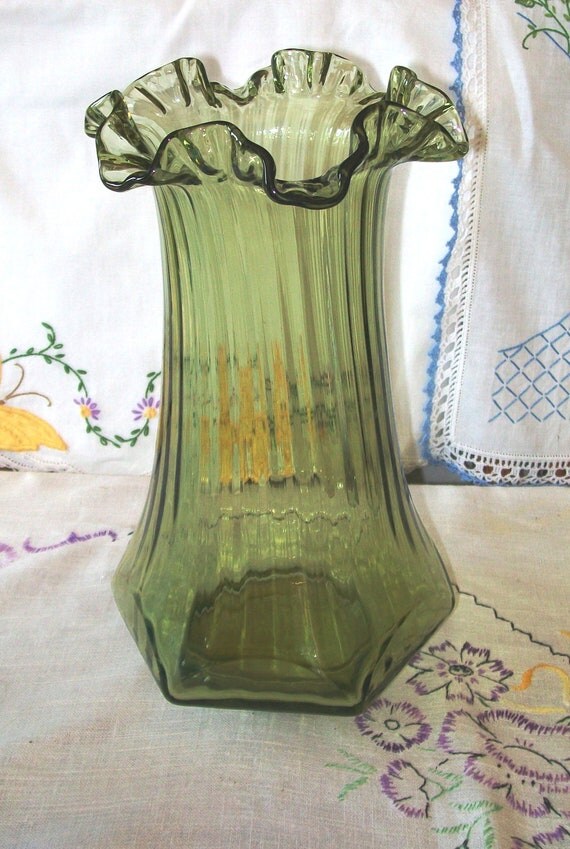 Very Large Vintage Green Glass Vase Fluted Top Ribbed With