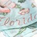 Vintage Florida Souvenir Hankie sea blue turquoise with pink flamingos and state map Caribbean blue water