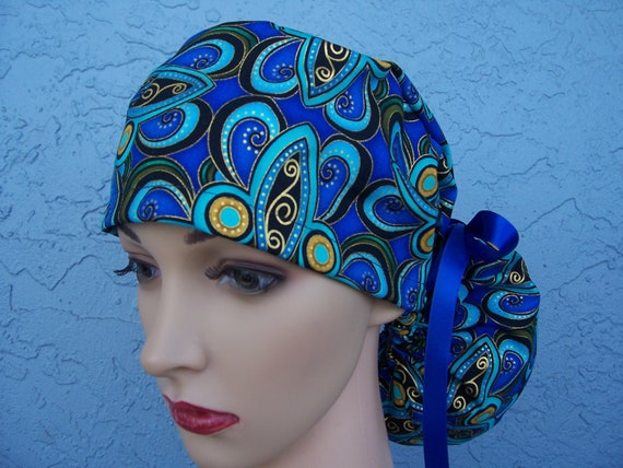 ponytail scrub cap plume peacock medallions royal ponytail scrub cap plume peacock medallions royal
