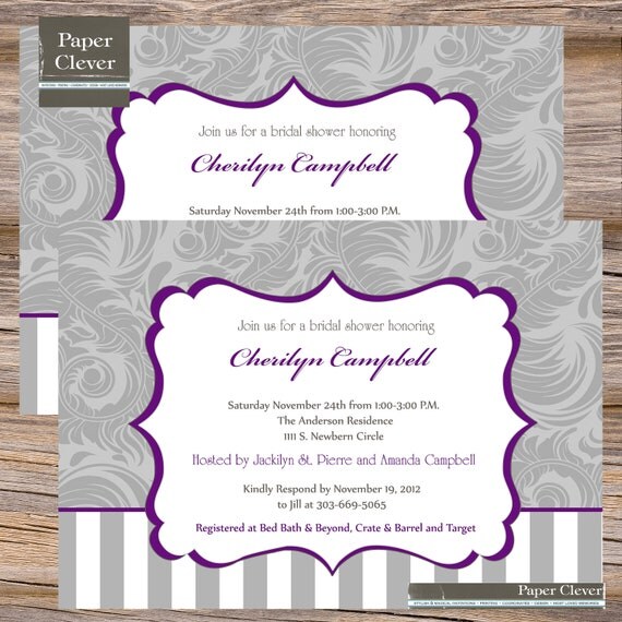 Damask Bridal Shower Invitations - gray, stripe - digital file, printable #0209 Il_570xn